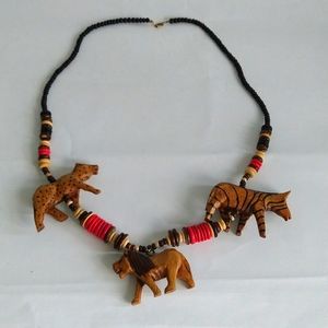 Vintage Hand Crafted African Tribal Animal Safari Folk Art Long Necklace